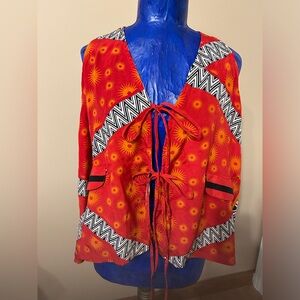 Red Patterned Tie-Front Tunic Top with Sunburst Print